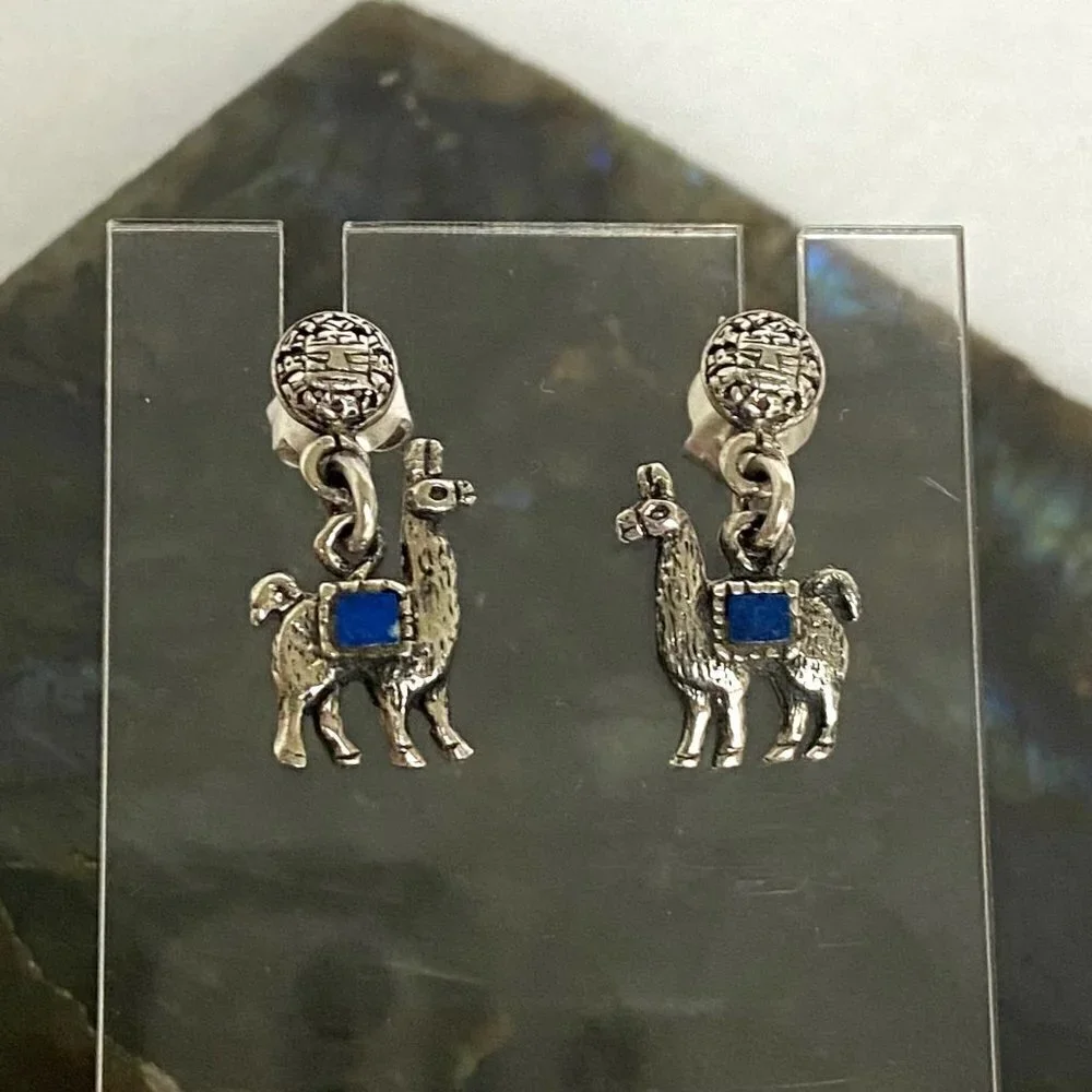 Sterling Silver 925 Southwest Style Llama Alpaca Lapis Dangle Drop Earrings